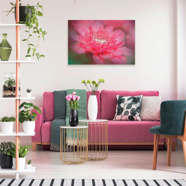 Štampa na kanvas platnu Cvet 34 ima efekat Van Gog stila.Jakih i veselih boja, pogodna je za prostorije u kojima boravi društvo kao što je dnevna soba.